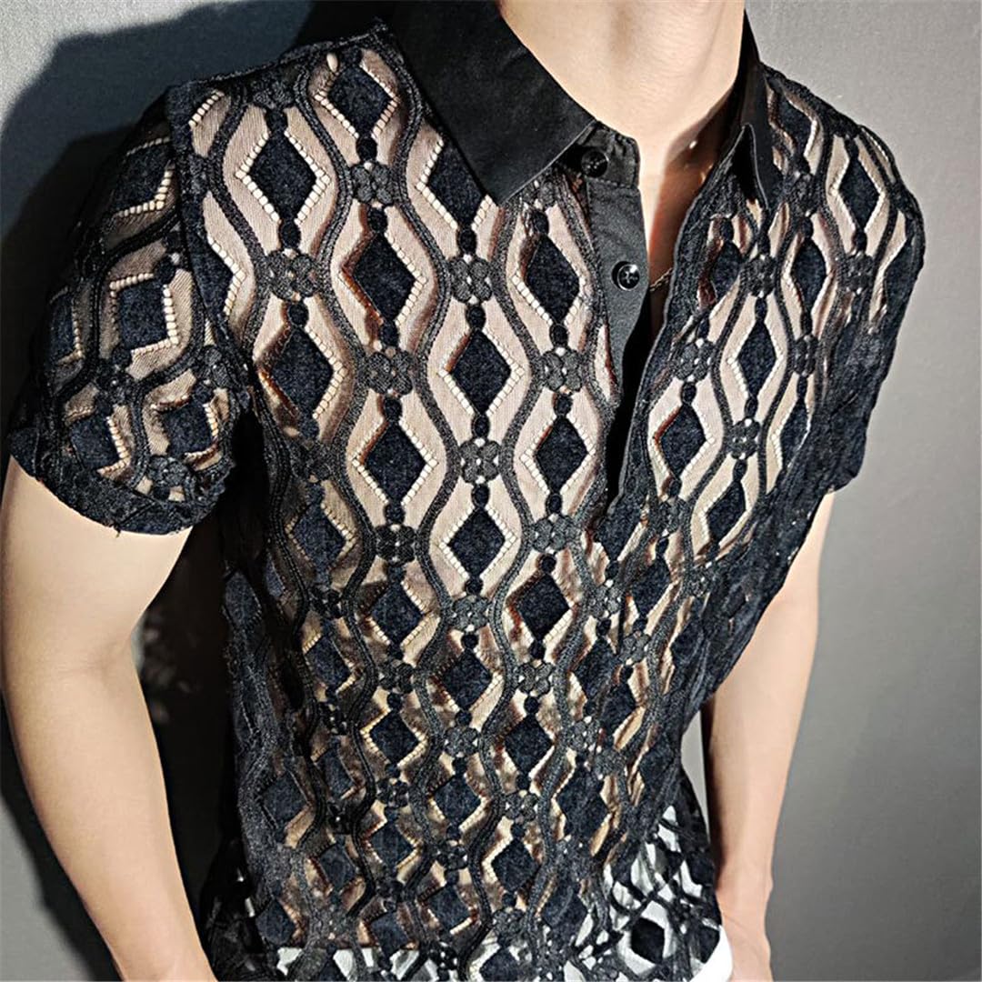 Yeuyyben Camicia Trasparente A Maniche Corte con Motivo Geometrico Estivo Camicia Nera da Uomo con Bottoni Trasparenti