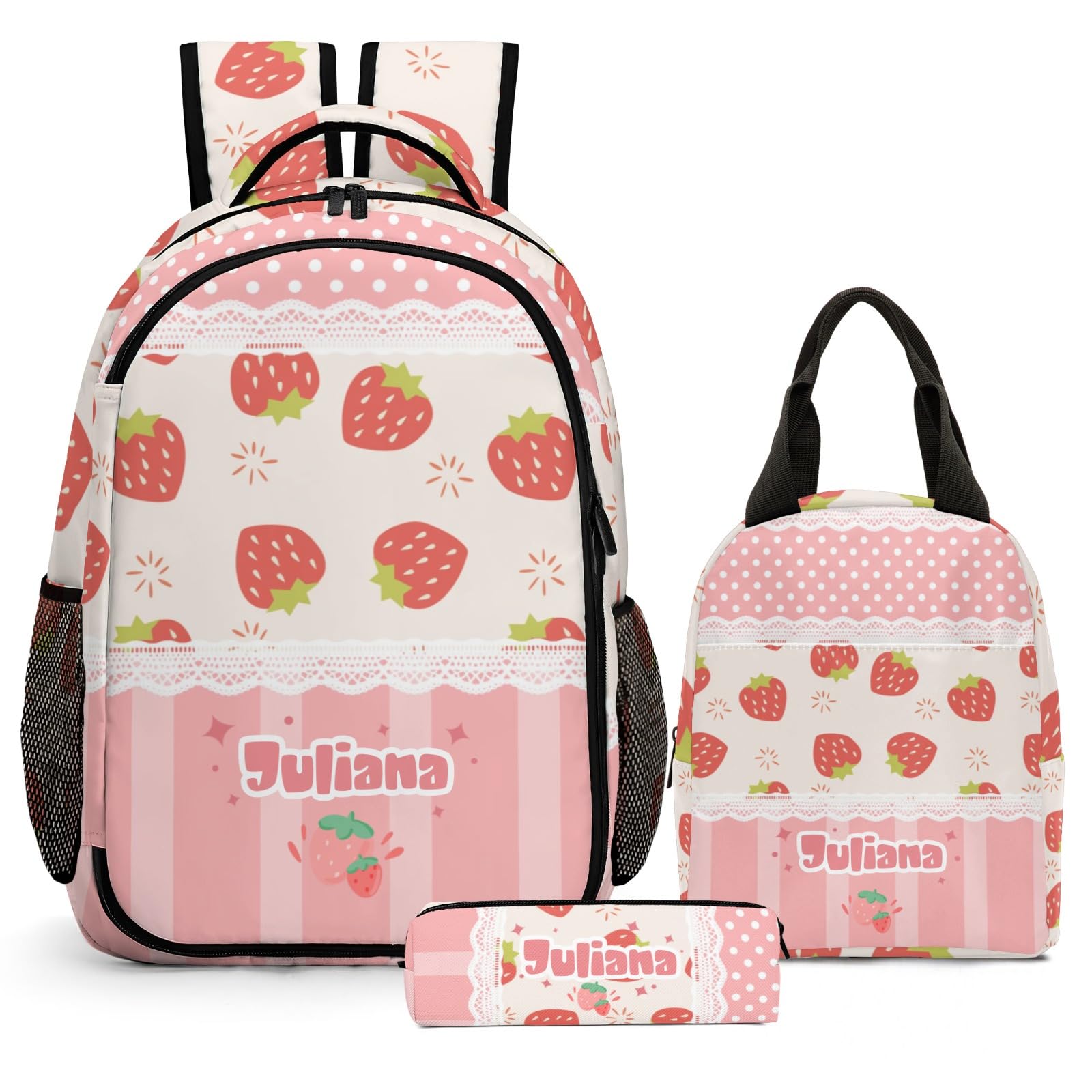 Voltexia Custom Strawberry Backpack with Lunch Box Pencil Case 3Pcs Personalized Backpack with Name Text Customized BookBag School Daypacks for Girls
