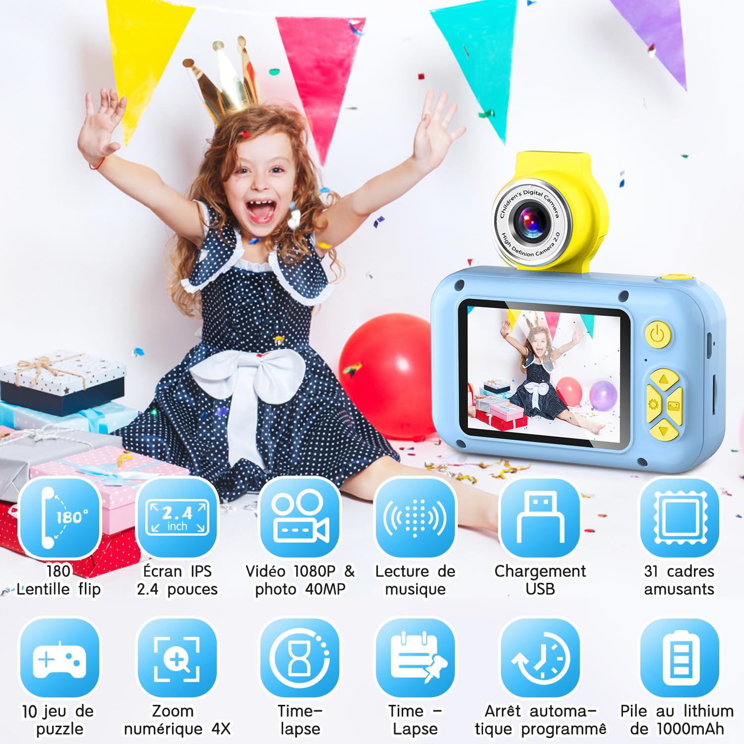 ARNSSIEN Appareil Photo Enfant avec Grand Écran 2,4" et Objectif Pivotant 180°,Appareil Photo Numérique Enfant pour Filles et Garçons de 3 à 12 Ans,Cadeau Anniversaire ou Fête,X101