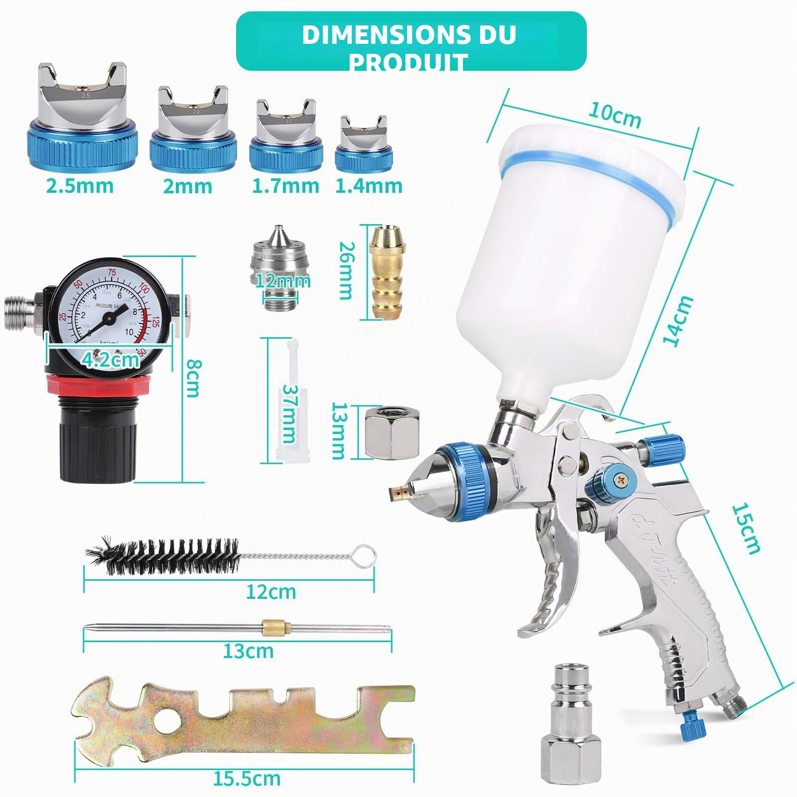 DBREAKS HVLP Pistolet à Peinture 1,4/1,7/2,0/2,5 mm, Pistolet à Air, Bleu