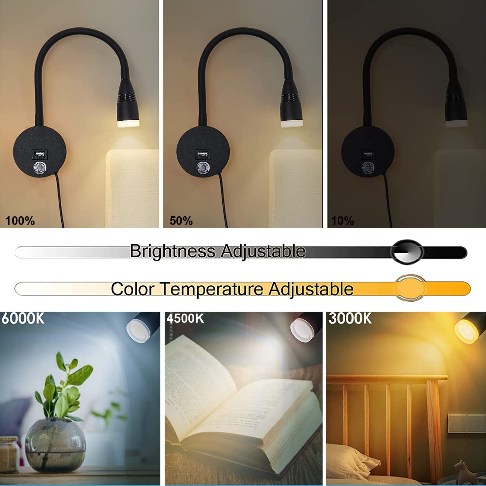 VOMI 3W LED Leselampe Bett Wandmontage Schlafzimmer Wandlampe Dimmbar mit Touch Schalter & USB Port, 2 Stück Wand-Leselampen 360° Flexible Schwanenhals Lampe Schwarz Wandspot mit USB-Stecker