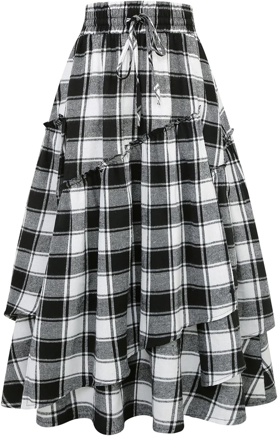 IDEALSANXUN Womens Long Plaid Skirts High Waisted A Line Renaissance Maxi Skirt with Pockets