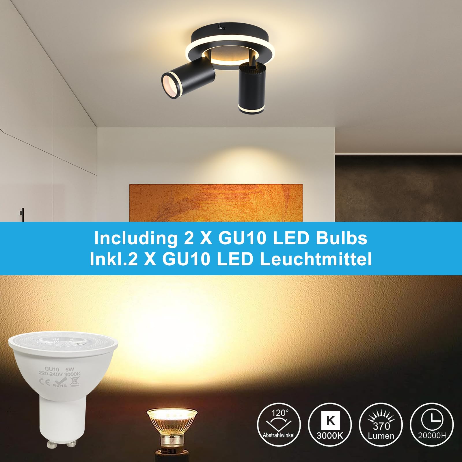 SANSHI Rotonda Faretti da Soffitto Orientabili Interno LED 2 Luce,Faretti da Parete con Inferiore 15W+2x5W,GU10 Lampadario Faretti,Moderna Plafoniera Faretti Bianco Caldo 3000K per Cameretta,Nero