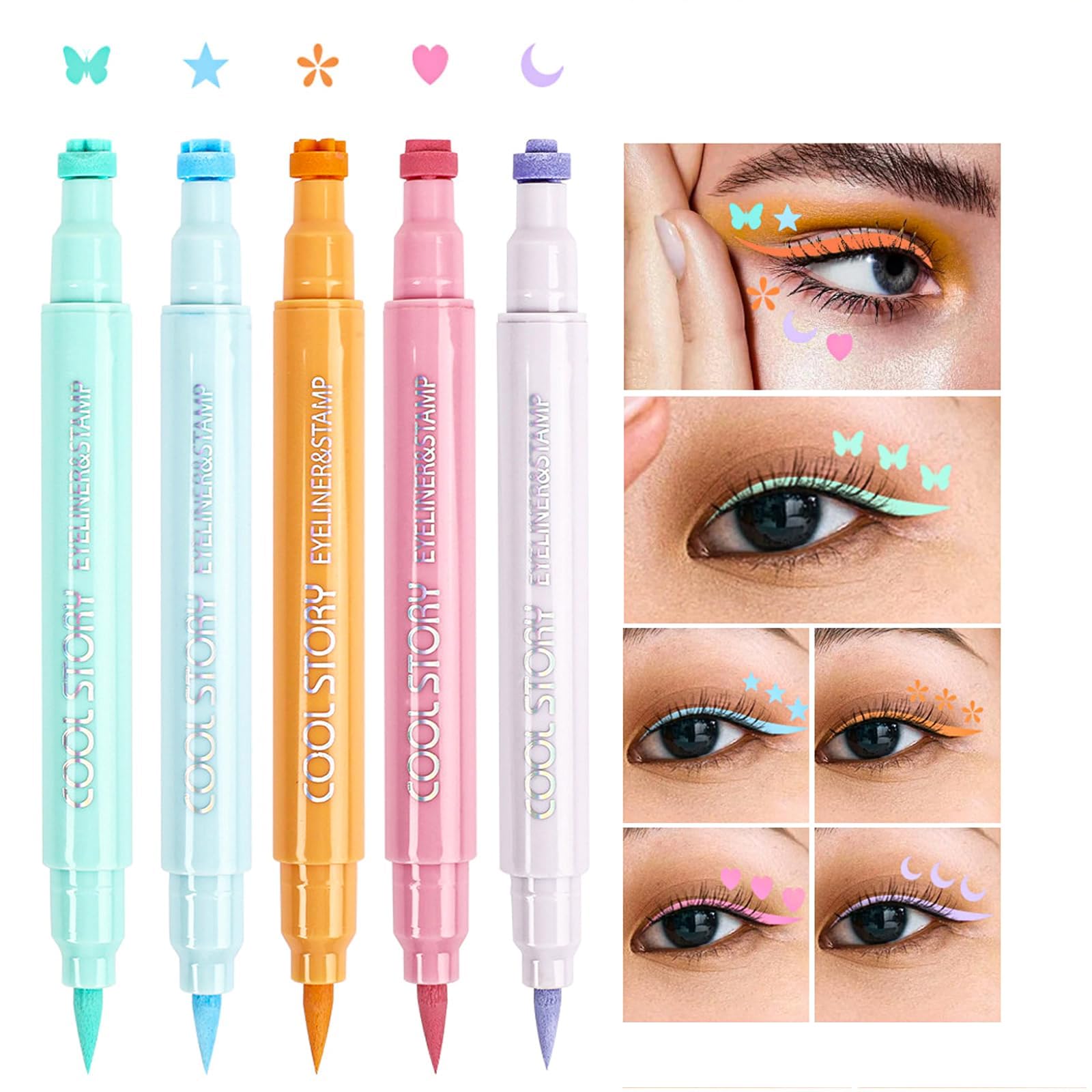 COOL STORY 5 pcs Liquid Stamp Eyeliner - Waterproof Colored Felt Tip Eyeliners, Face Stamp Double Head Glossy Eye Liner with Star, Heart, Moon, Butterfly Stamps - Mixed Color Slim Wingliner