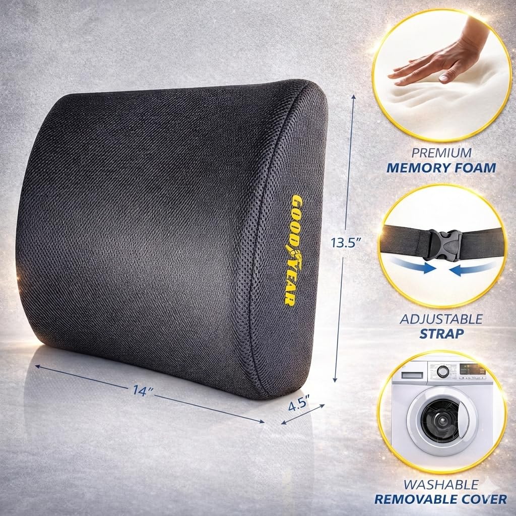 Goodyear, GY1003 Poduszka podtrzymująca lędźwie 100% czysta pianka z pamięcią kształtu pomaga złagodzić ból dolnej części pleców, oddychająca siatka