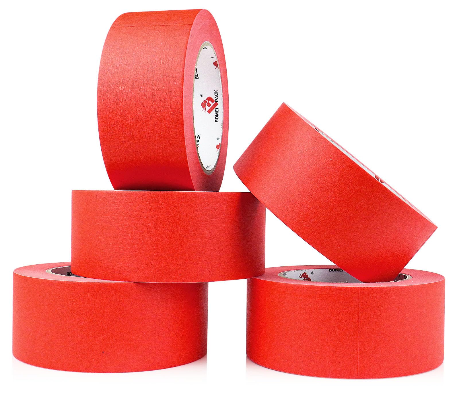 BOMEI PACK 5 rotoli di nastro adesivo per pittori, larghezza 5,1 cm x 50,1 m, nastro coprente per pittura, etichettatura, fai da te, decorazioni e progetti scolastici (rosso)