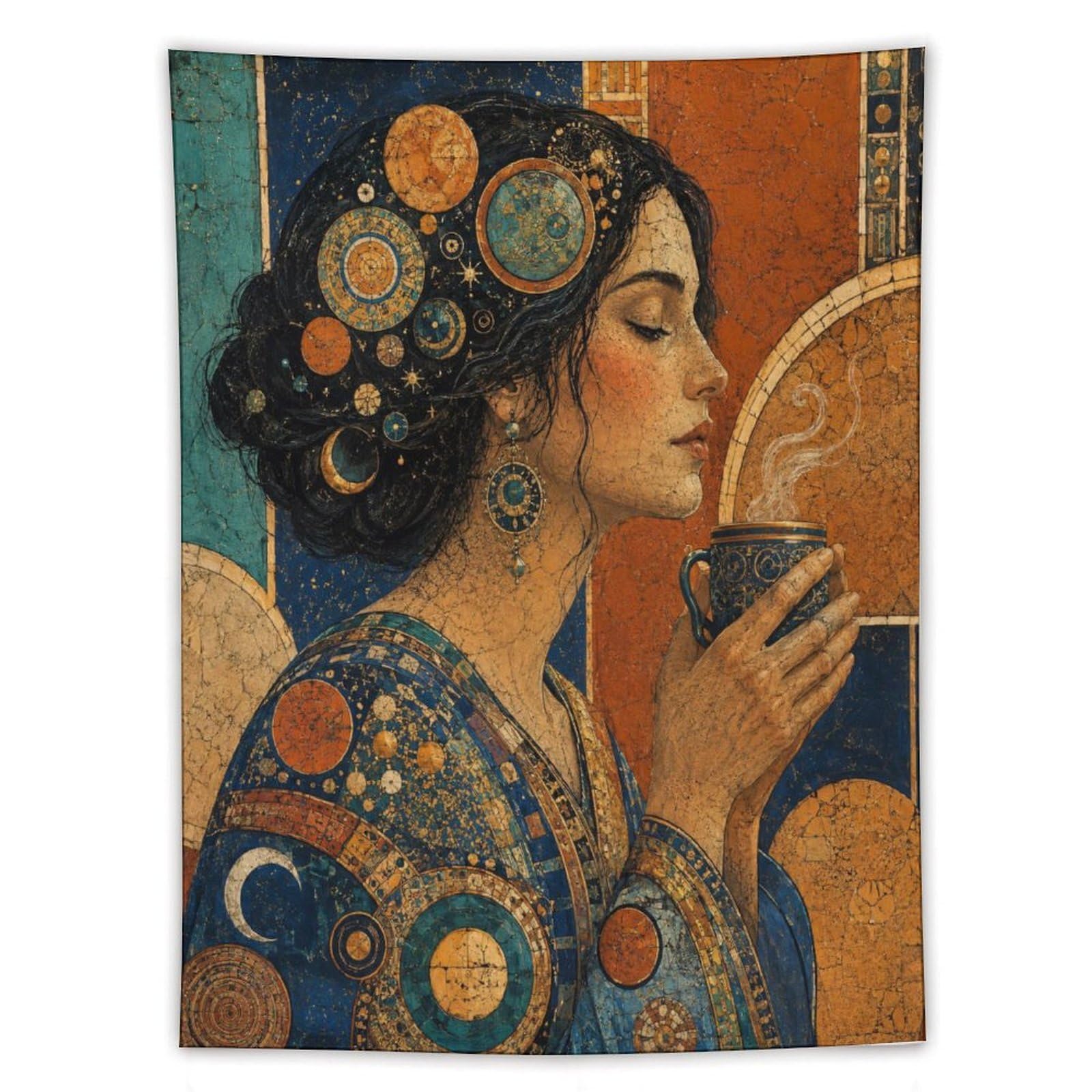 H3B8U2Y5 Elegant Woman with Teacup Wall Tapestry, Mosaic Style, Backdrop