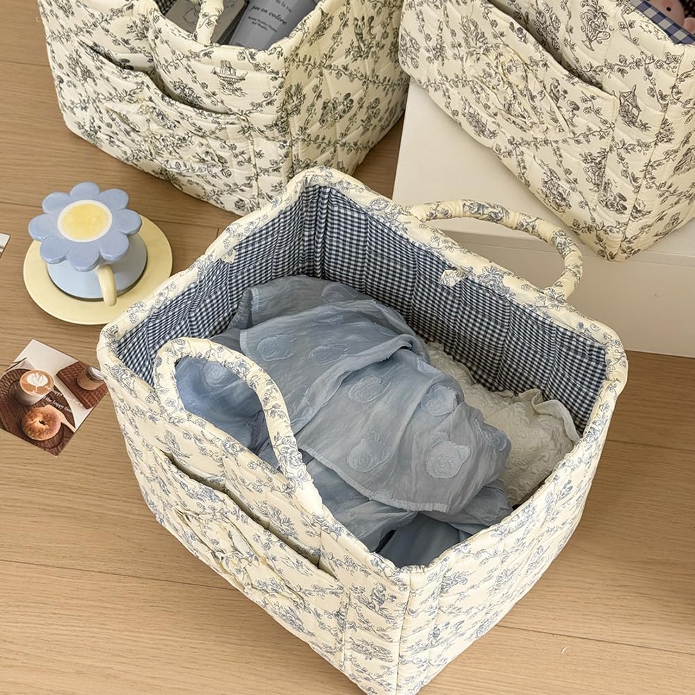 JQWYGB Foldable Laundry Basket Boho Bear Storage Basket Floral Quilted Fabric Car Storage Basket Handles Large Laundry Baskets for Clothes and Dolls