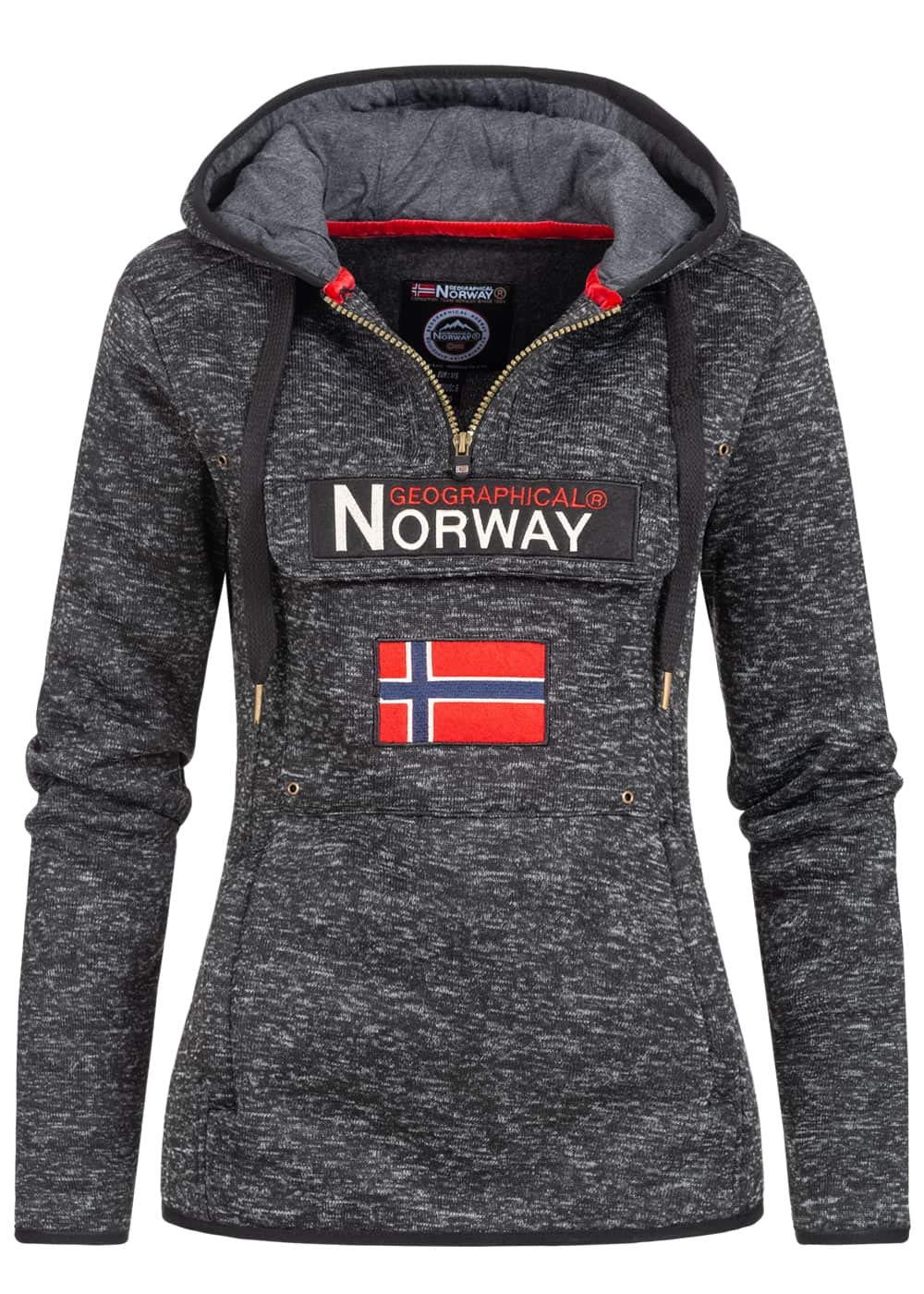 Geographical Norway Damen Half Zip Hoodie Kapuzenpullover Sweater Brusttasche Embro Känguru Pocket Sleeve Rupper Patch