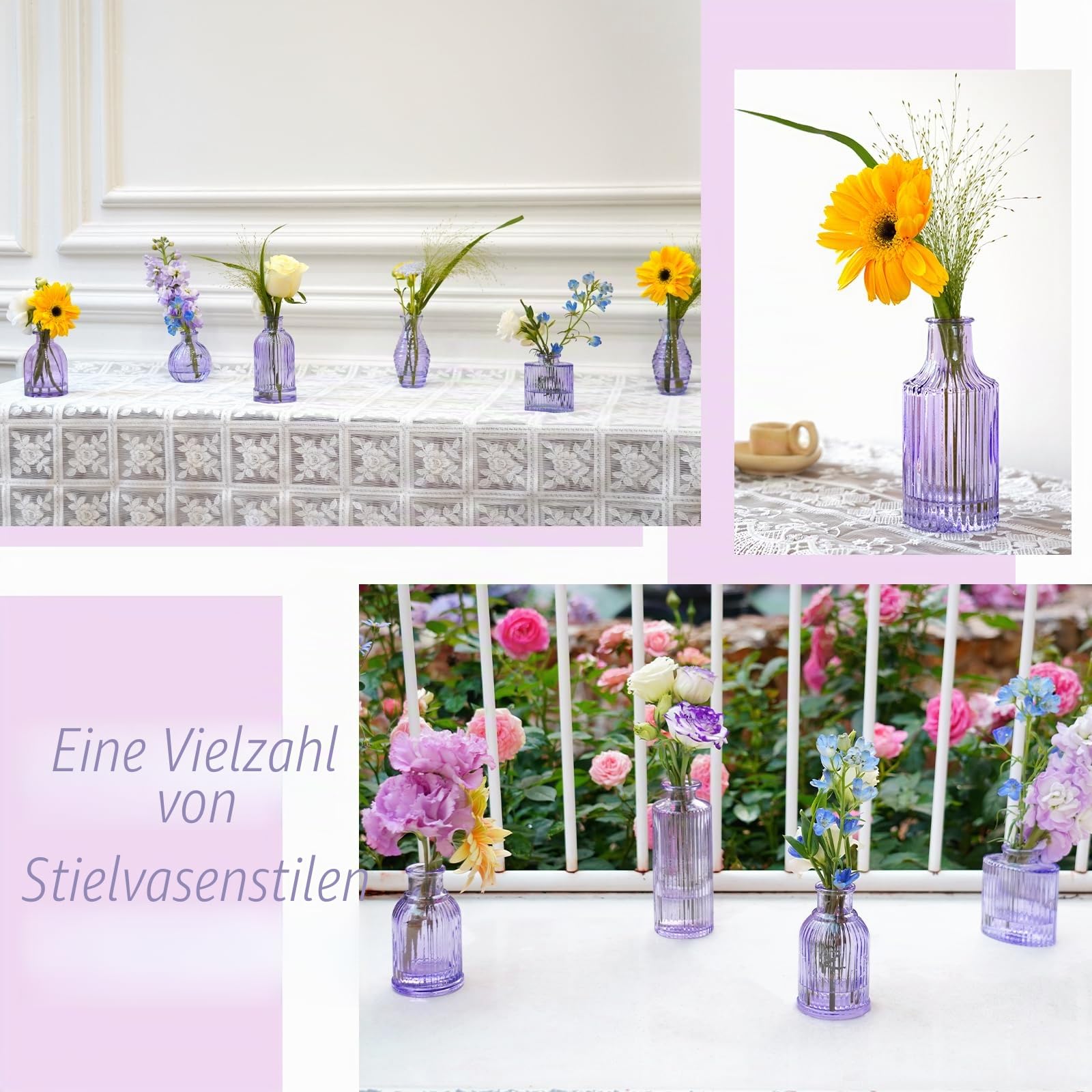 Glasvasen, 61 cm, kleine Violette Vase, Glasvasen für Blumen, Moderne, gerippte, farbige Knospenvase für Dekoration, Hochzeit, Blumenvase in Großpackung, Vintage-Dekor, Brautparty, Tafelaufsatz