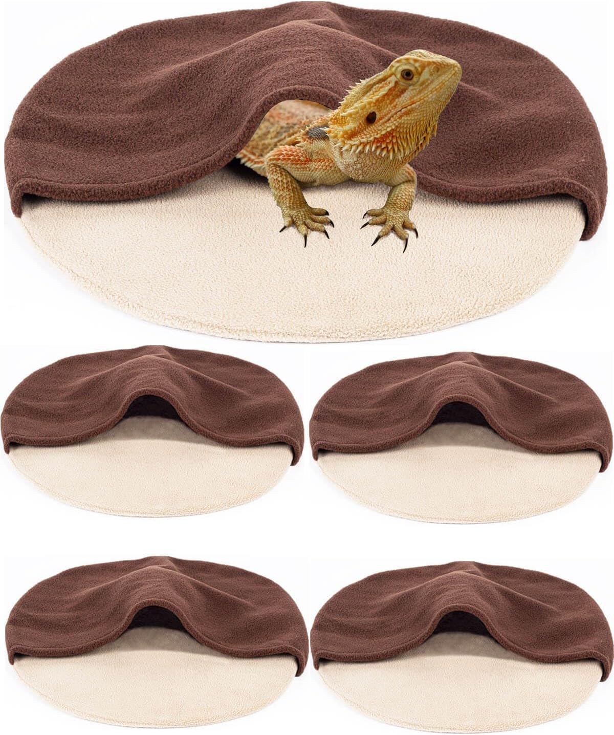 Large Bearded Dragon Bed with Soft Pad, Reptile Hide Accessories in Tank, Warm Sleeping Bag with Cover for Lizard, Leopard, Gecko, Hamster Small Animals (Brown, 5 Pack)