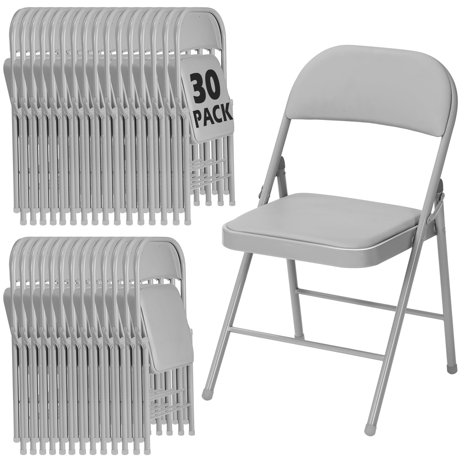 30 Pack Gray Folding Chairs with Padded Cushion &amp; Frame