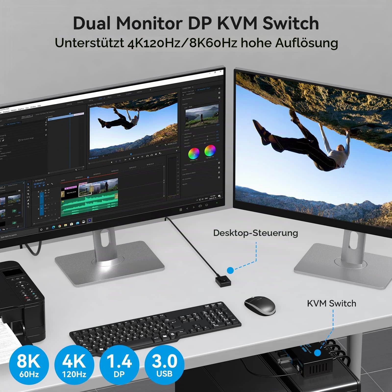 4K120Hz Displayport KVM Switch 2 PC 2 Monitore 8K60Hz KVM Umschalter USB 3.0 Dual-Monitor für Zwei Computer Share 4 USB3.0 Ports Support Extended & Copy Mode mit Desktop-Controller und 2xUSB-Kabeln