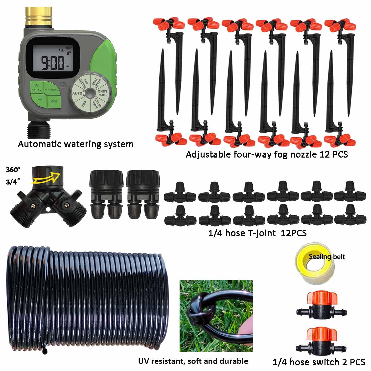 Kit de riego por goteo sistema de riego automático con temporizador de agua de 64 pies, tubo de 1/4 y 12 boquillas de riego de lluvia en 4 direcciones para plantas en maceta, patio, césped, plantas