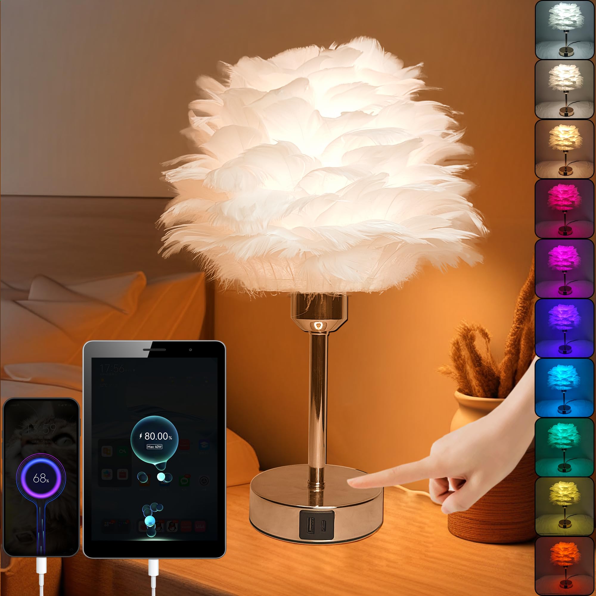 Touch Bedside Table Lamp with Stylish White Feather Lamp Shade and E26 Smart Light Bulbs, USB C+A Ports, RGB+CCT, Compatible with Alexa Google Assistant, 9W,800LM, Gifts for Her/Girls Room, Rose Gold