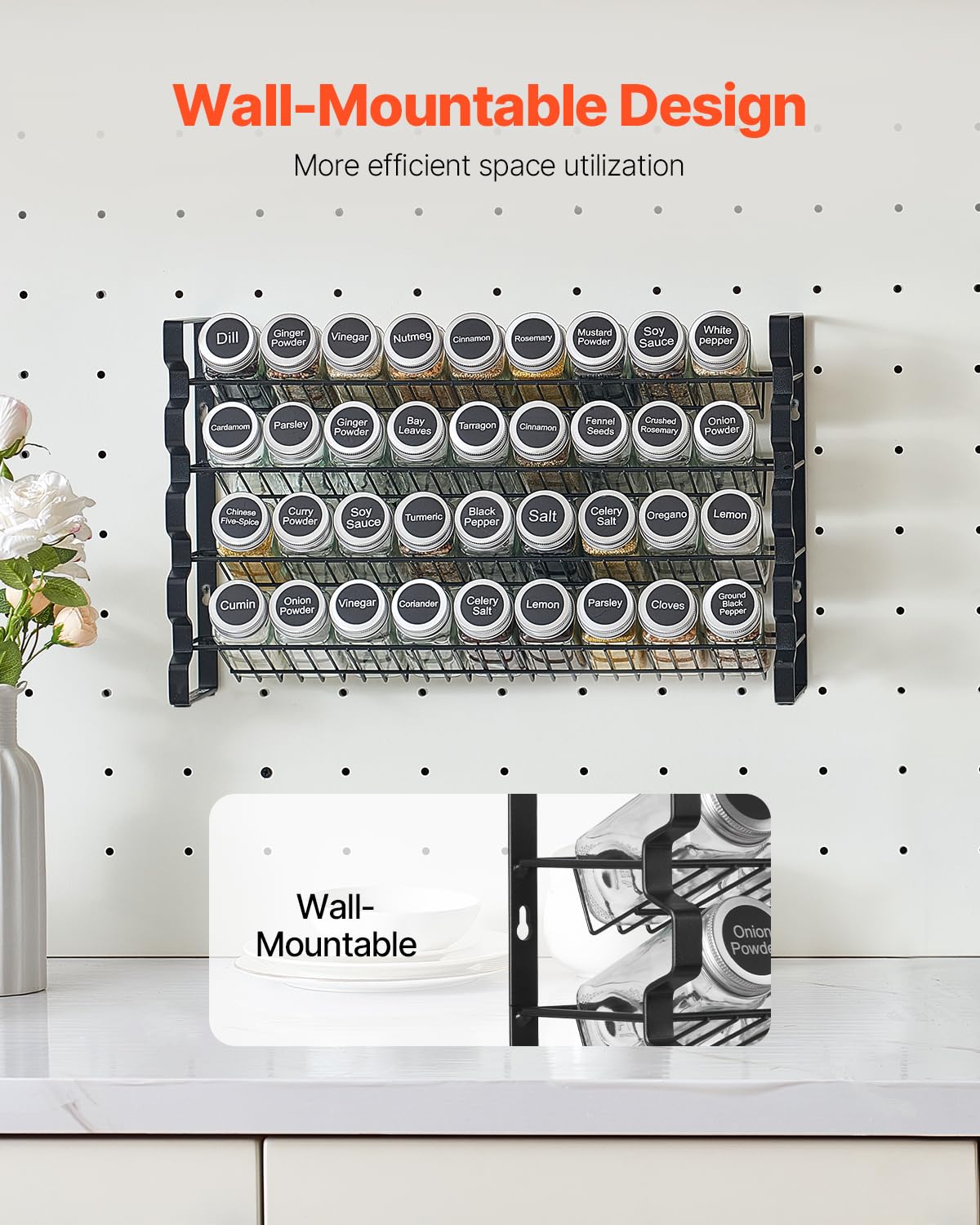 VEVOR 4-stöckiges Gewürzregal Gewürzhalter mit 36 leeren Gewürzgläser & Gestell & Gewürzetiketten & Trichter-Komplettset, Gewürz-Organizer für Küchen Schrank Speisekammer (463 x 118 x 282 mm)