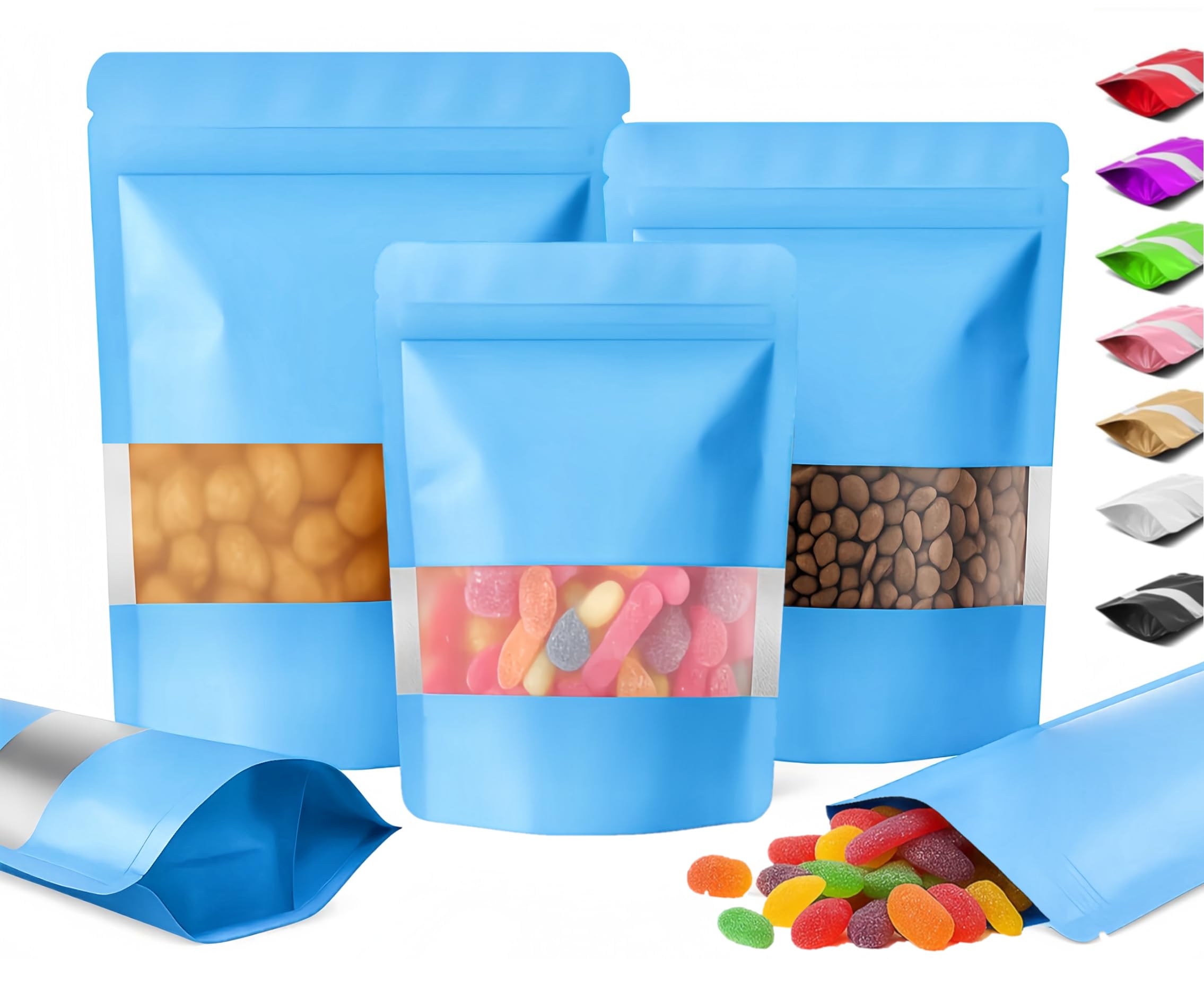 Plaphy 100Pcs Resealable Stand-up Pouches with Window (Blue, 18 x 26 cm)