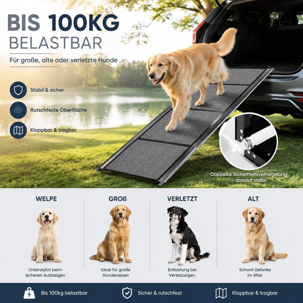 Rampe de voiture pliable pour chien - 170 x 44 cm - Extra large - Pour grands chiens jusqu'à 110 kg - Rampe de coffre de voiture antidérapante - Pour SUV, camion et lit mezzanine - Noir
