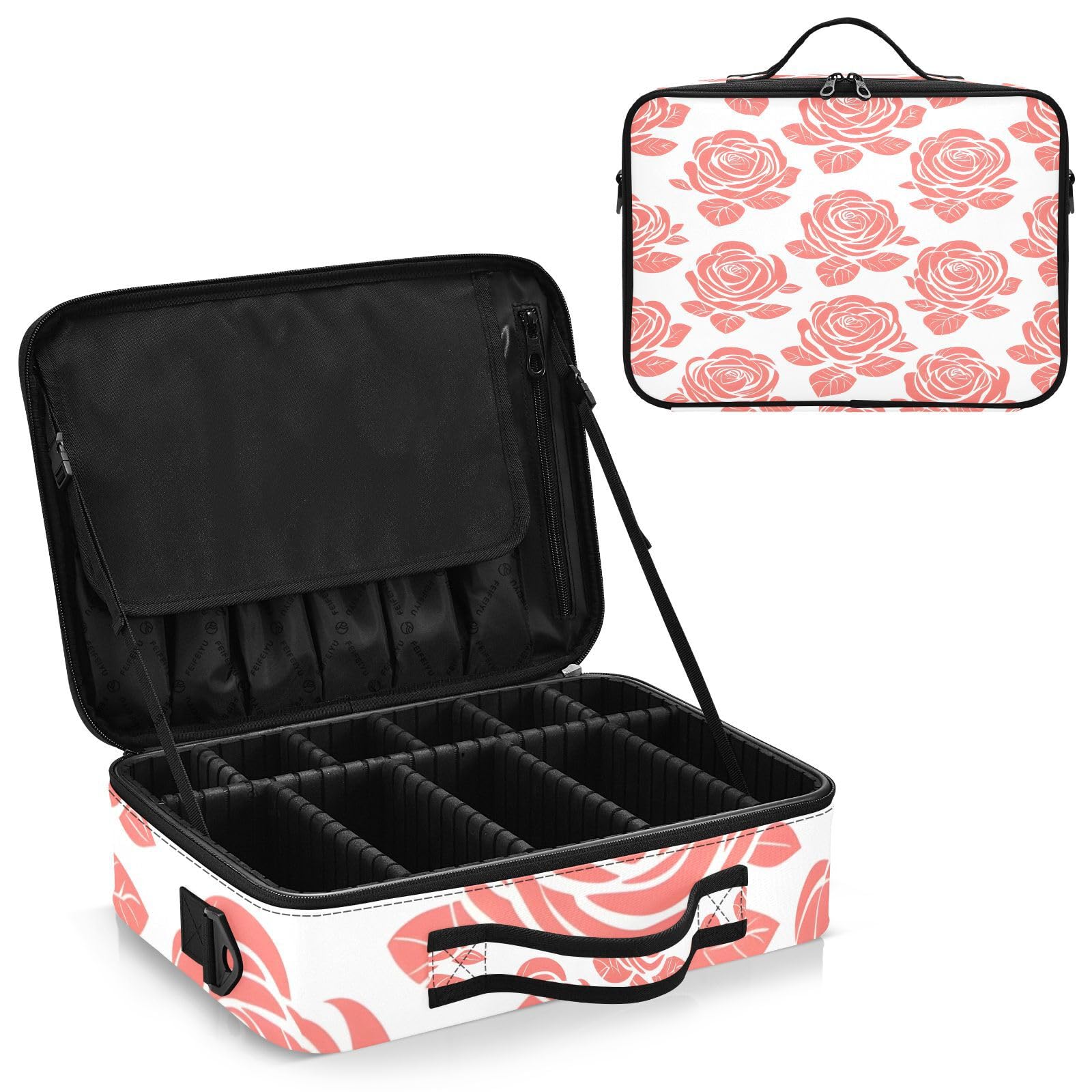 zyrtty Travel Makeup Train Case Coral Rose Flower Pattern Cosmetic Organizer Portable Storage Bag with Adjustable Dividers for Cosmetics Brushes Toiletry Jewelry Digital Accessories