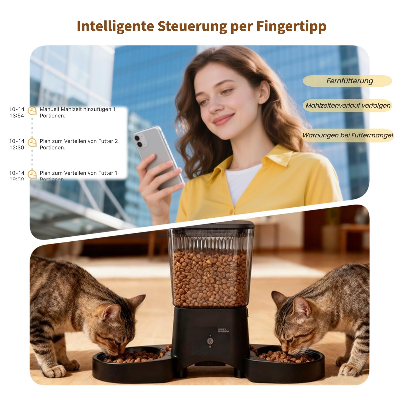Futterautomat Katze 2 Näpfe mit APP, HONEYGUARDIAN 5G WiFi Intelligenter Katzenfutter Automat, Automatischer Futterspender Katze Hund mit 4 Schüsseln (Edelstahl+Langsame Schüssel), Einfache Bedienung