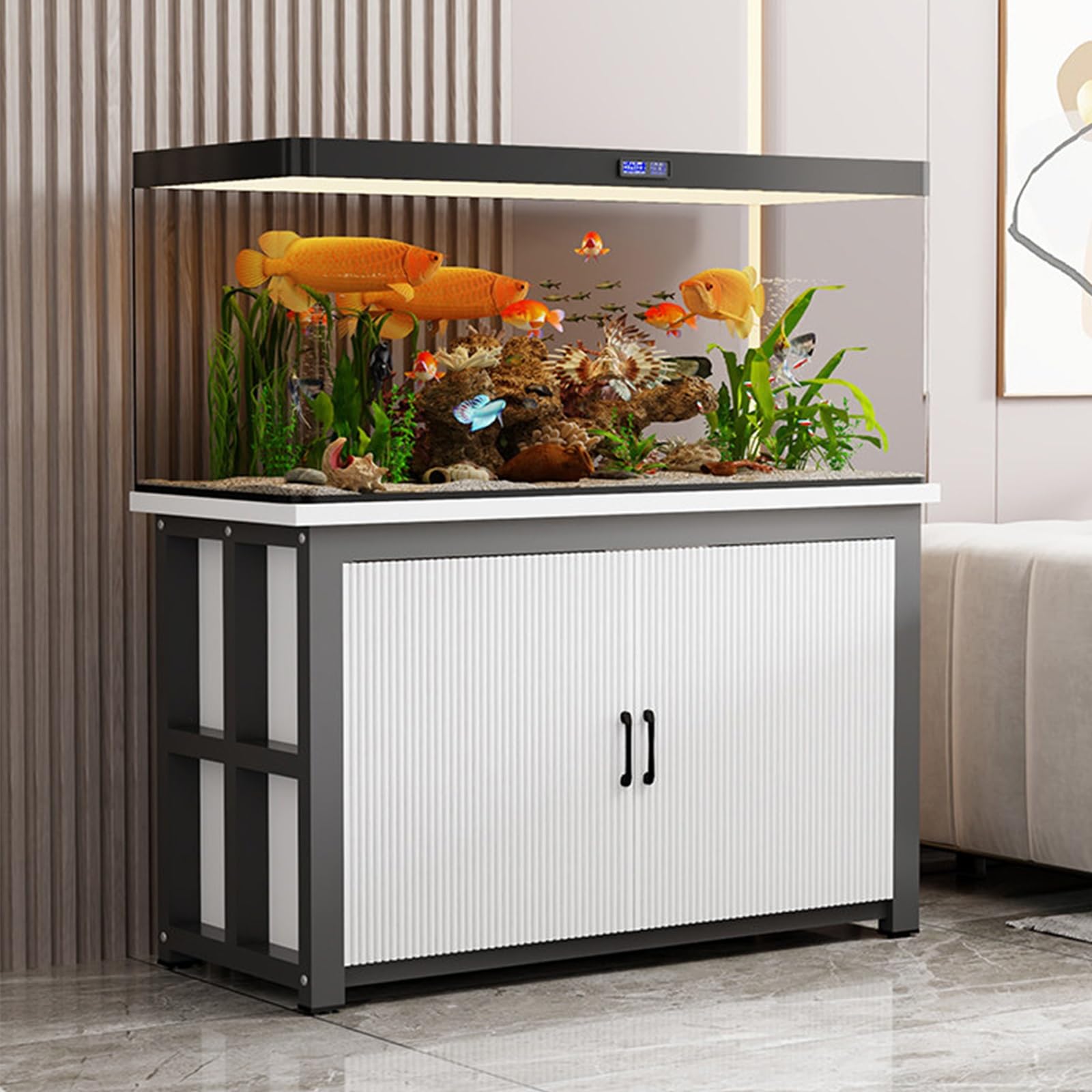 Reptilien-Terrarium mit integrierten Aufbewahrungsschränken, Stahlkonstruktion, hohe Belastbarkeit, geeignet für Wohnzimmer und Büros.
