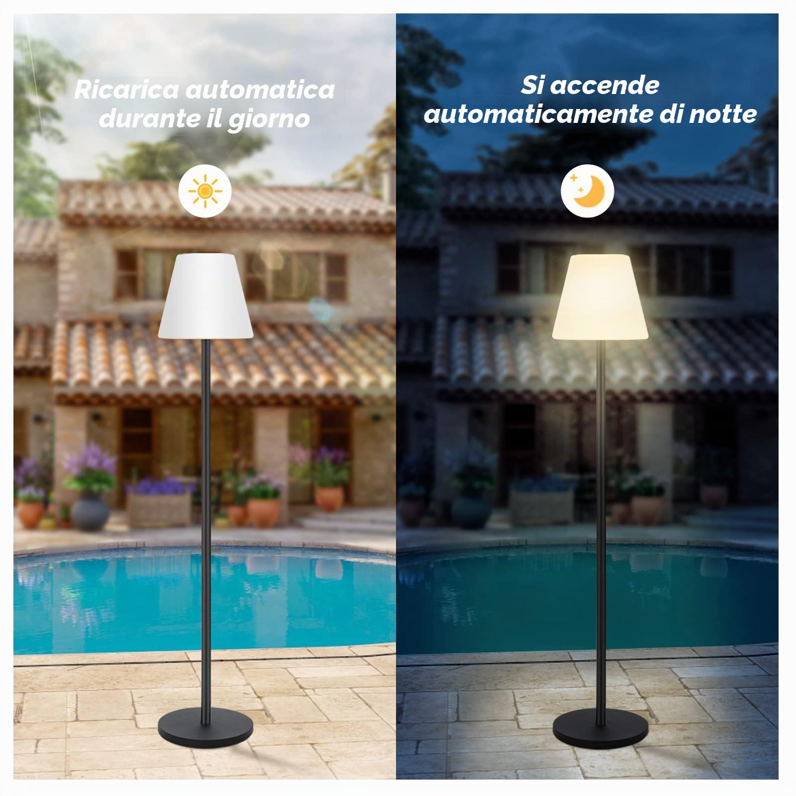 Lampada da terra solare per esterni, con sensore di luce, dimmerabile RGB e luce bianca calda, senza fili, ricaricabile tramite USB, per interni, regolabile in altezza, per terrazze, giardino.