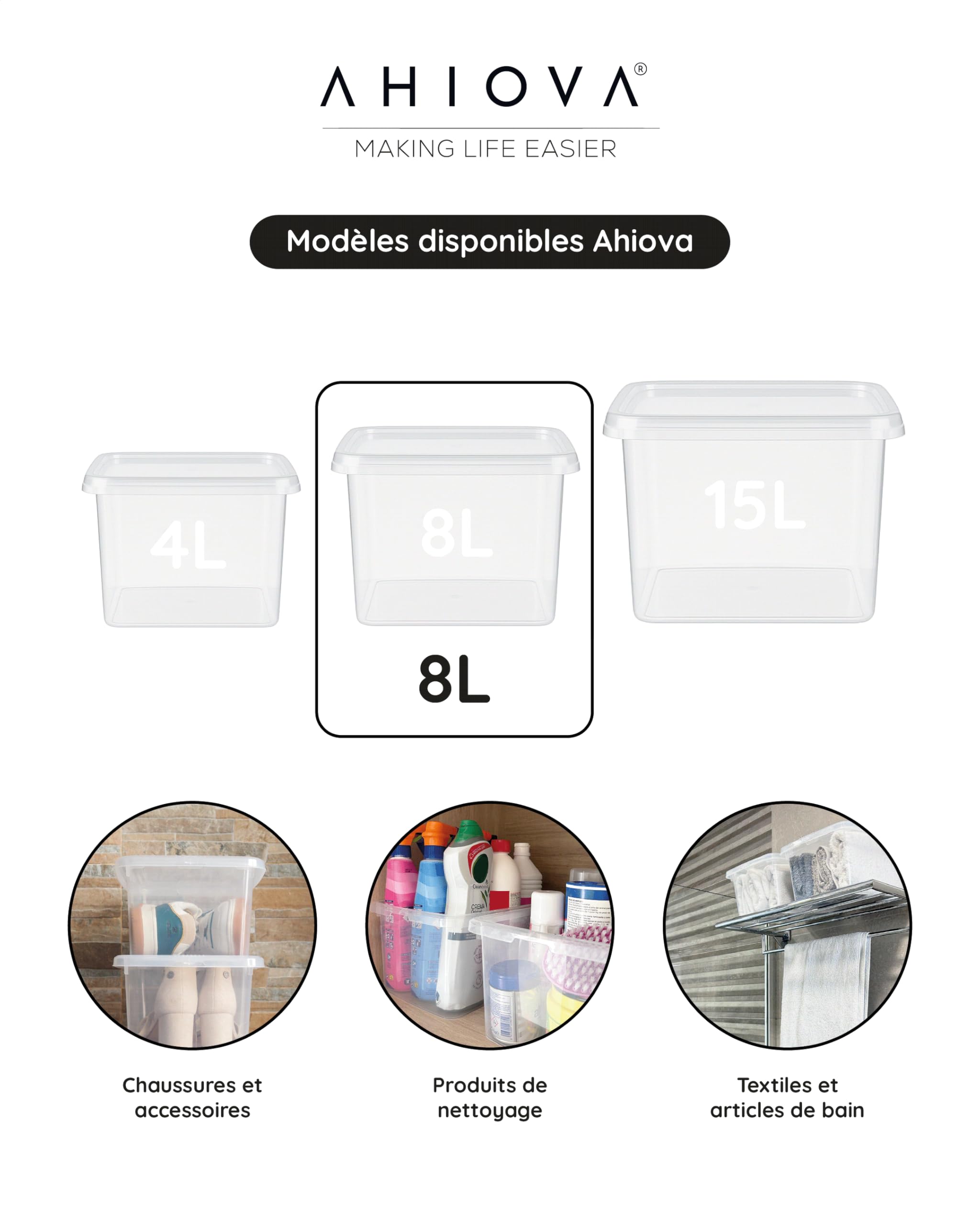 Boites Rangement Plastique 8L avec Couvercle Lot 5 Empilables 100% Transparentes Clic Pression 33x24x15,5cm Salle Bain Garage Bureau Maison Sans BPA
