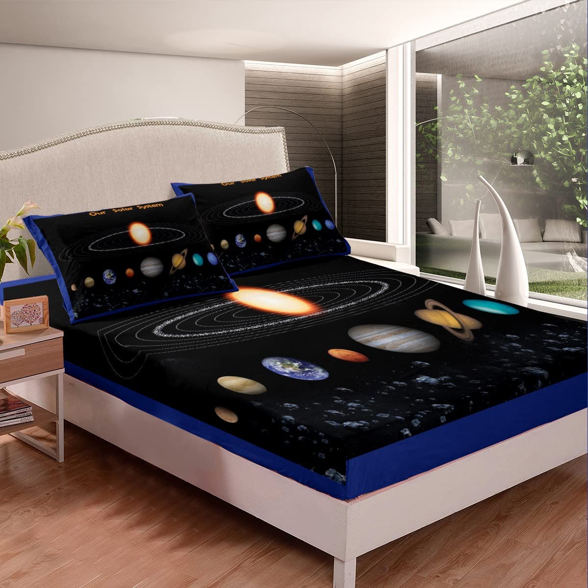 jejeloiu Solar System Bed Sheets Set Kids Outer Space Sheet Set Universe Planets Sheets with Deep Pocket Fitted Sheet for Boys Room Decor Lightweight Galaxy Black Blue Bedding Set Full Size