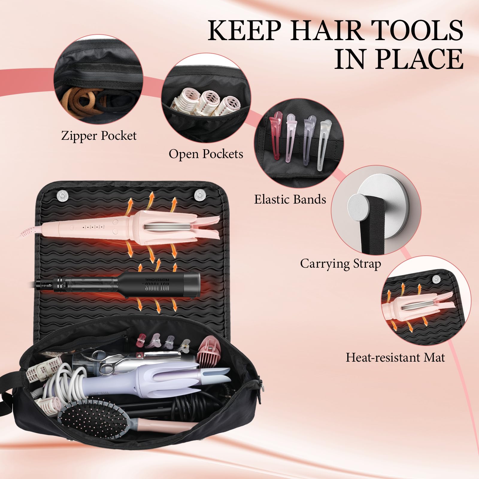 Dadanism Hairdressing Tool Kit, Hair Tools Travel Bag mit abnehmbarer hitzebeständiger Matte für Lockenstab Glätteisen, 2 in 1 Haircare Accessory Organizer, Womens Essentials Travel Organizer, Schwarz