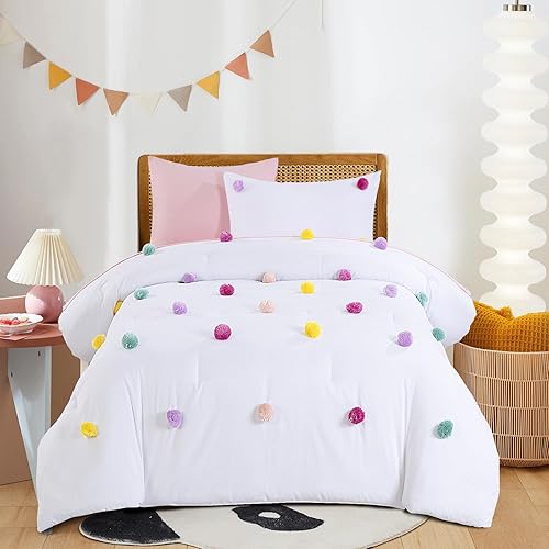 Miniatura 9 de HOMBYS Juego de edredón con pompones para niñas, juego de edredón bohemio de 5 piezas para todas las estaciones, tamaño individualindividual XL