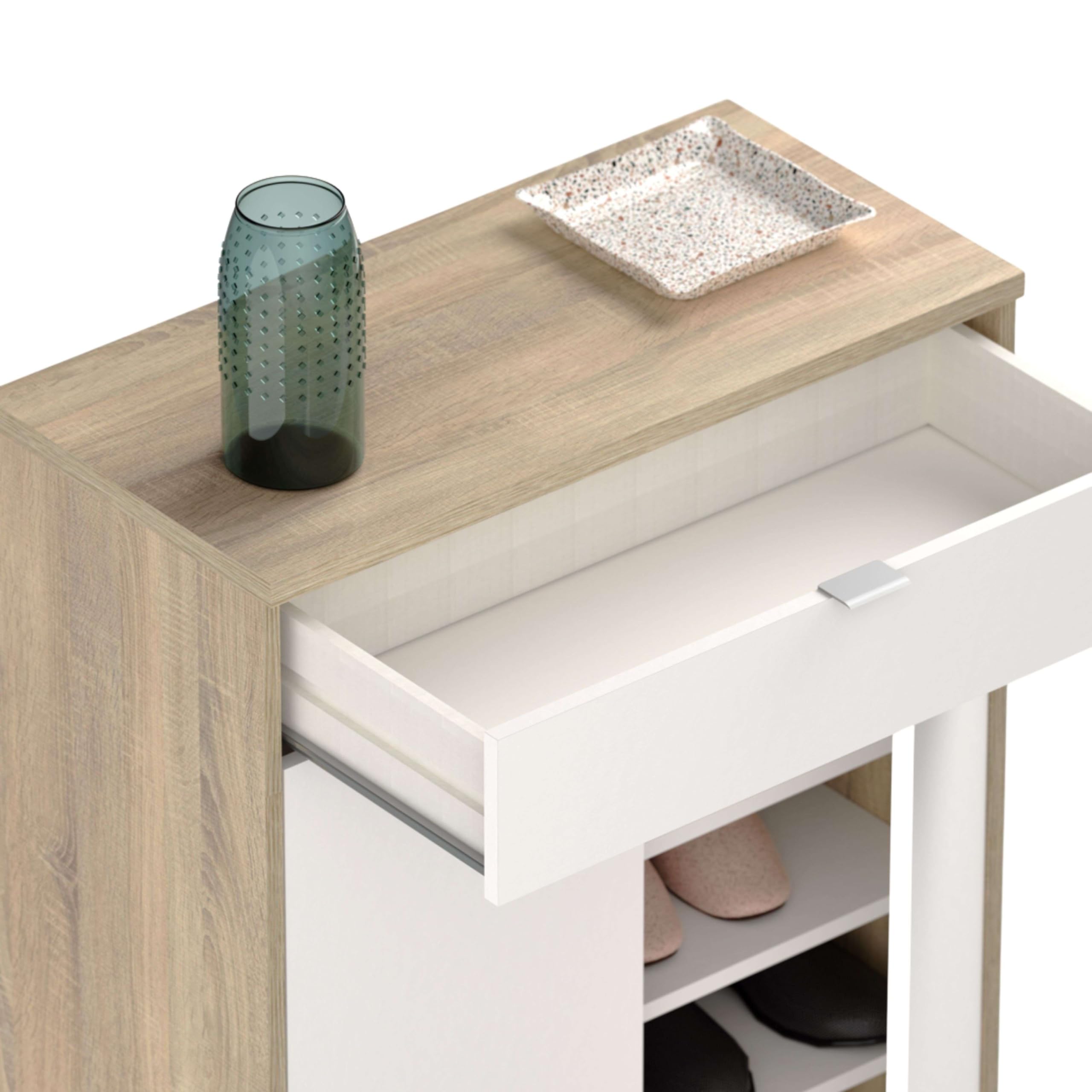 MUEBLES PITARCH | Recibidor Zapatero Mueble Auxiliar de Entrada con cajón y 4 estantes Regulables, Blanco Alto Brillo y Roble Cambrian, 20 Pares de Zapatos, 101x75x36cm, Modelo Berlín