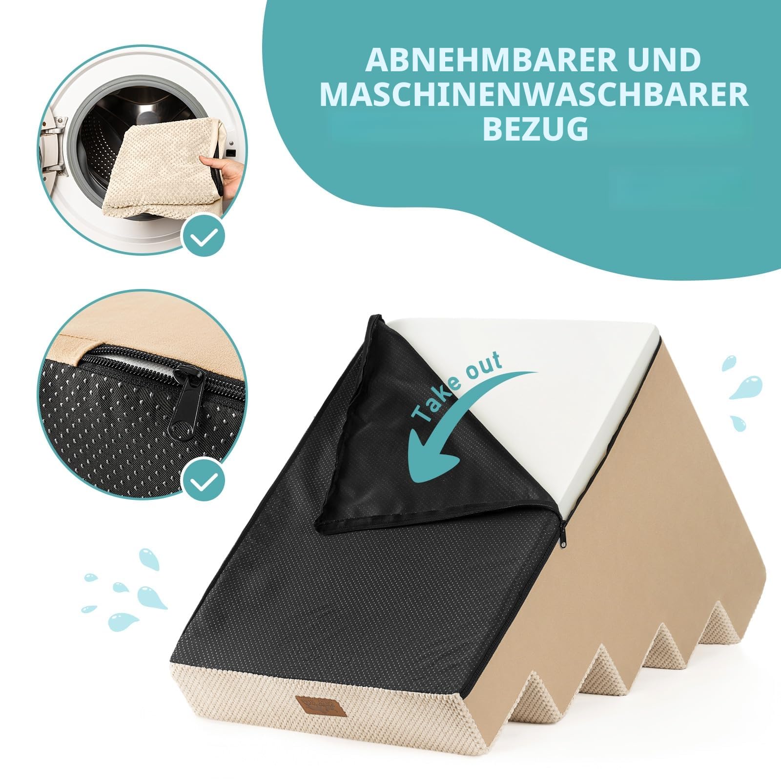COZY KISS Hundetreppe für Kleine Hunde, 5 Stufen Breiter Haustiertreppe für Bett Couch Auto, 60cm Hoch Hochdichtem Schaumstoff Katzentreppe mit Abnehmbarem Bezug (Beige, 75x50x60cm, 5)
