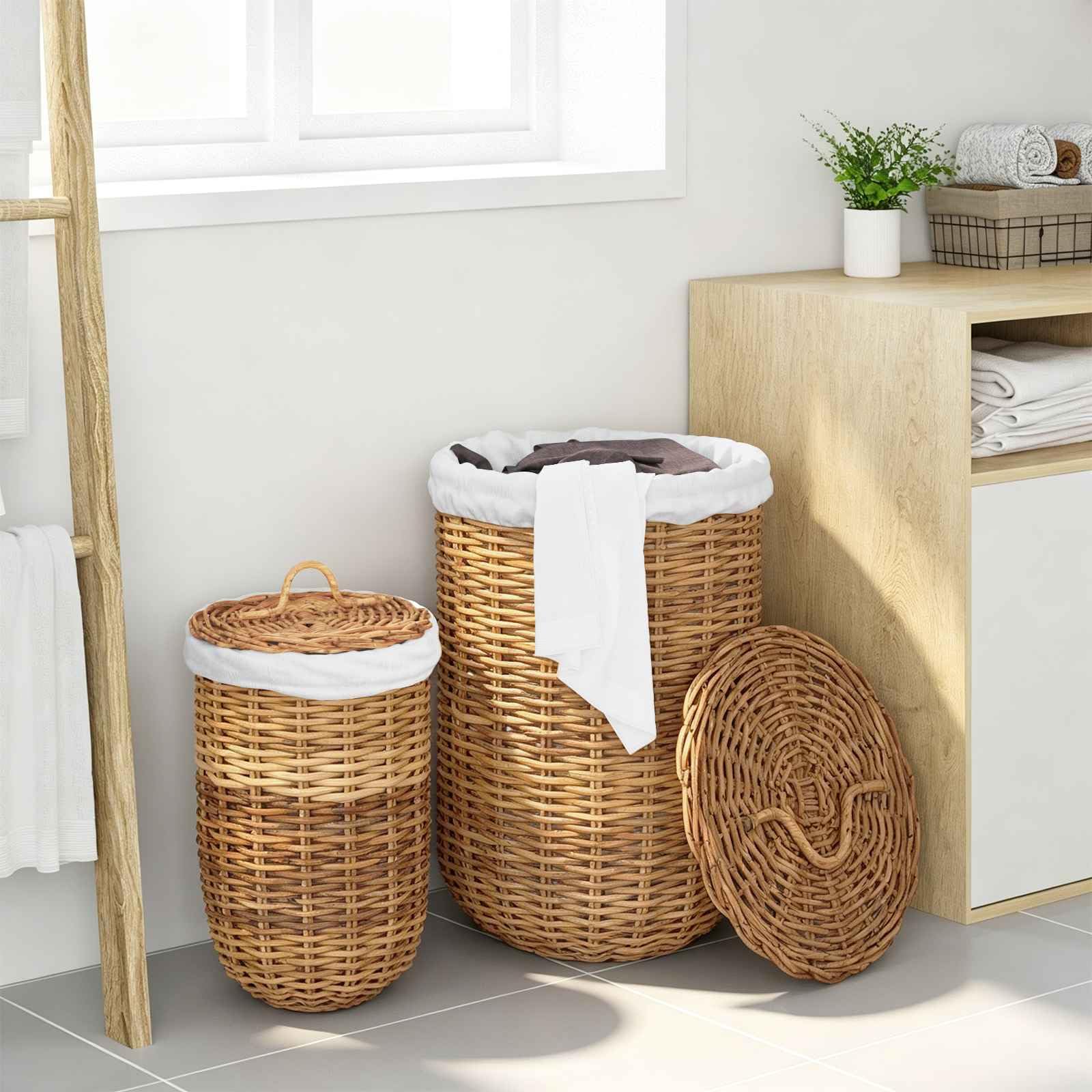 Wäschekorb Mit Deckel 2 Stück Naturbraun Kubu Rattan | Zylindrische Form, Belacu-Innenfutter, integrierte Griffe, 42x60 cm und 30x45 cm