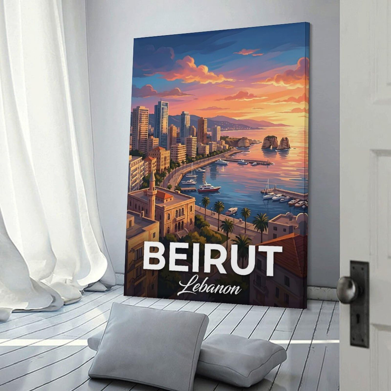 Junmoney Decorative Wall Artwork Beirut Cityscape at Sunset, 20x30inch(50x75cm), for Calm Bedrooms, Home Corners Or Flats, An Easy Wall Refresh for Bedrooms