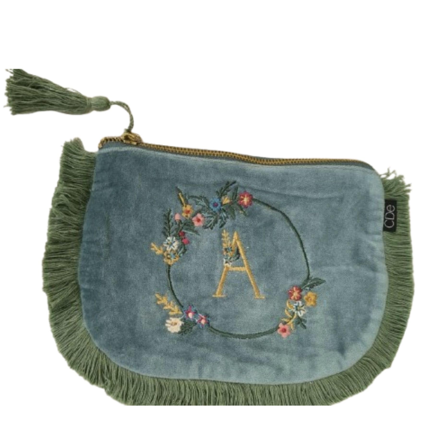 VINSUN SALES CORP- Alphabet Velvet Pouch With Floral Embroidery | Tassel Zipper Clutch For Women & Girls Makeup Fringe | Embroidered Cosmetic Clutch Bag,Luxury Velvet Zipper Pouch,Floral Embroider.-image-0
