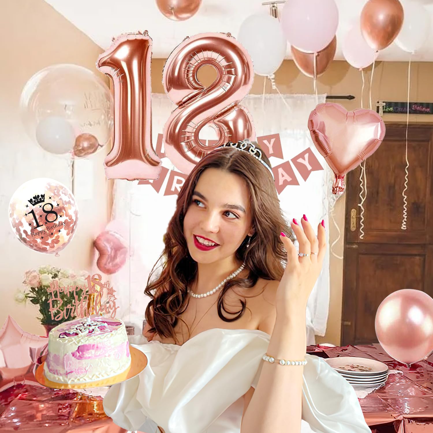 Decorazione per il 18° compleanno, per ragazze, per 18° compleanno, decorazione per la festa di compleanno, per bambine 18° compleanno, ghirlanda di felicità, colore oro rosa