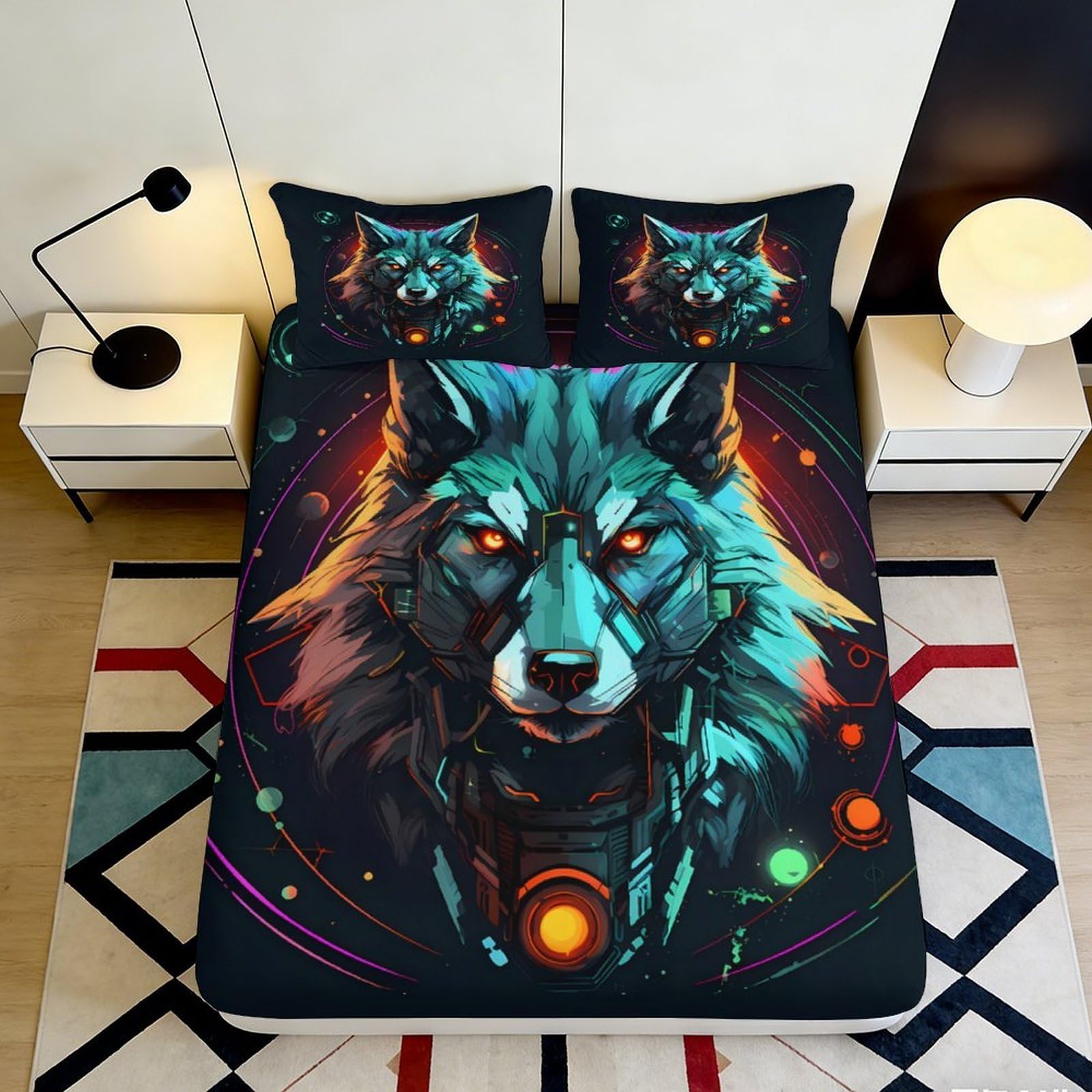 Pnayamiorkfel Style-4 3D Printed Cyber Wolf Fitted Sheet Microfiber Soft Breathable Neon Style Bed Cover For Bedroom Dorm Mattress Protection Decor 90X200x25cm