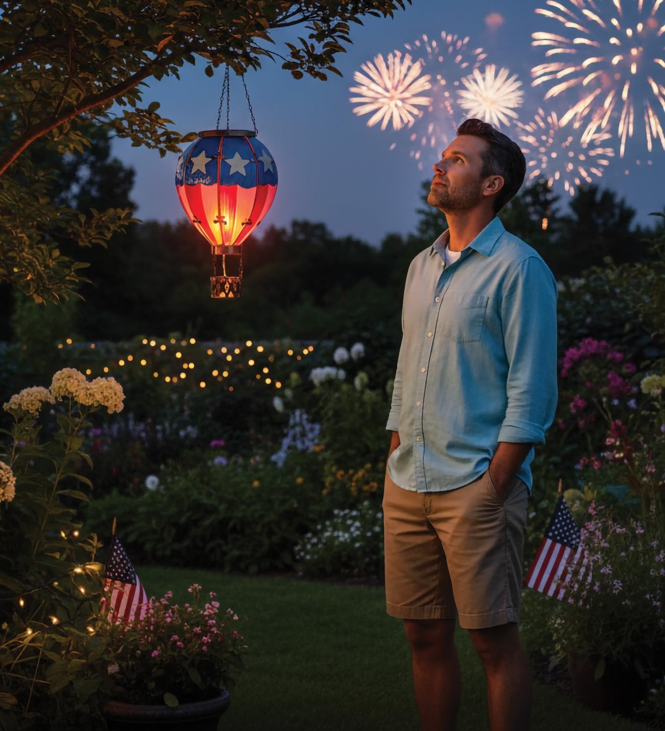 Regal Art & Gift Hot Air Balloon Solar Lantern – Hanging Solar-Powered LED Lights, Waterproof Portable Decorative Outdoor Lamp Made of Metal & Glass for Garden, Patios & Pathway – Americana (Large)