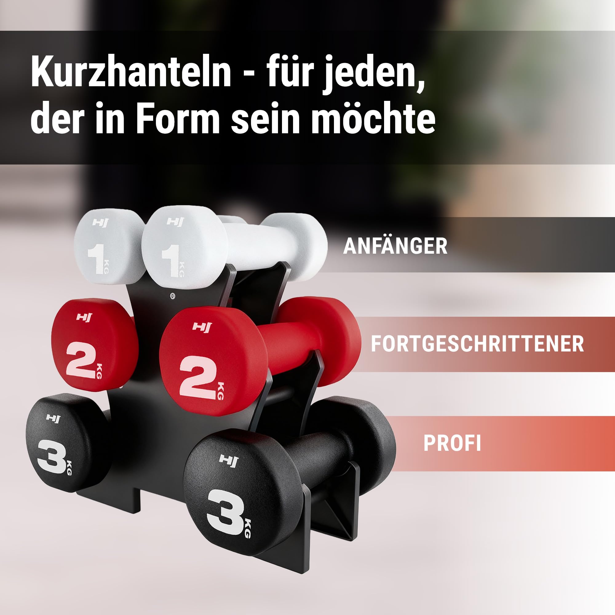 Hop-Sport Hanteln Set, Kurzhanteln 2 x 1 kg, 2 x 2 kg, 2 x 3 kg mit Ständer, Neopren Fitnesshanteln aus Gusseisen, rutschfest für Frauen und Männer, Home Gym, Krafttraining und Pilates