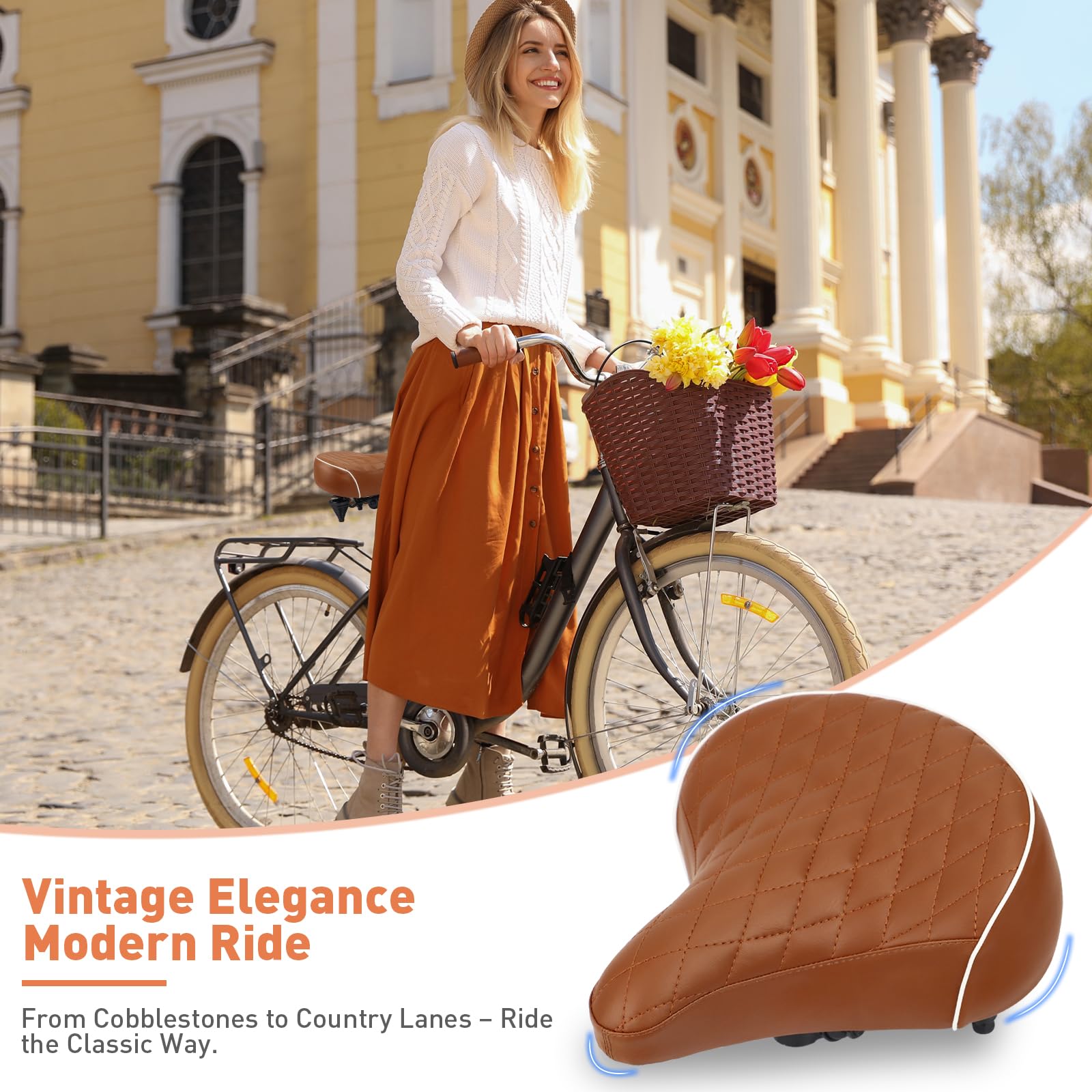 Sella per bicicletta unisex, comoda sella trapuntata imbottita in memory foam, sedile ergonomico confortevole per bici da città retrò, traspirante, impermeabile, vestibilità universale