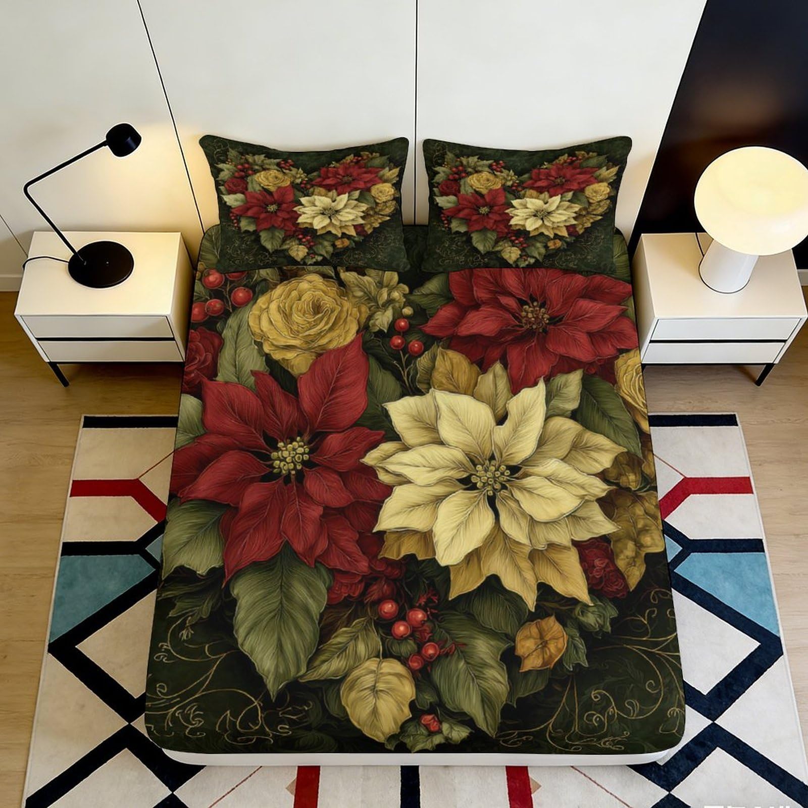 3D Printed Poinsettia Floral Fitted Sheet Microfiber Soft Mattress Cover for Bedroom Dorm Red Yellow Botanical 120x200x25cm