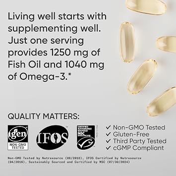 Sports Research Triple Strength Omega 3 Fish Oil - Burpless Fish Oil Supplement w/EPA & DHA Fatty Acids from Wild Alaskan Pollock - Heart, Brain & Immune Support for Men & Women - 1250 mg, 240 ct