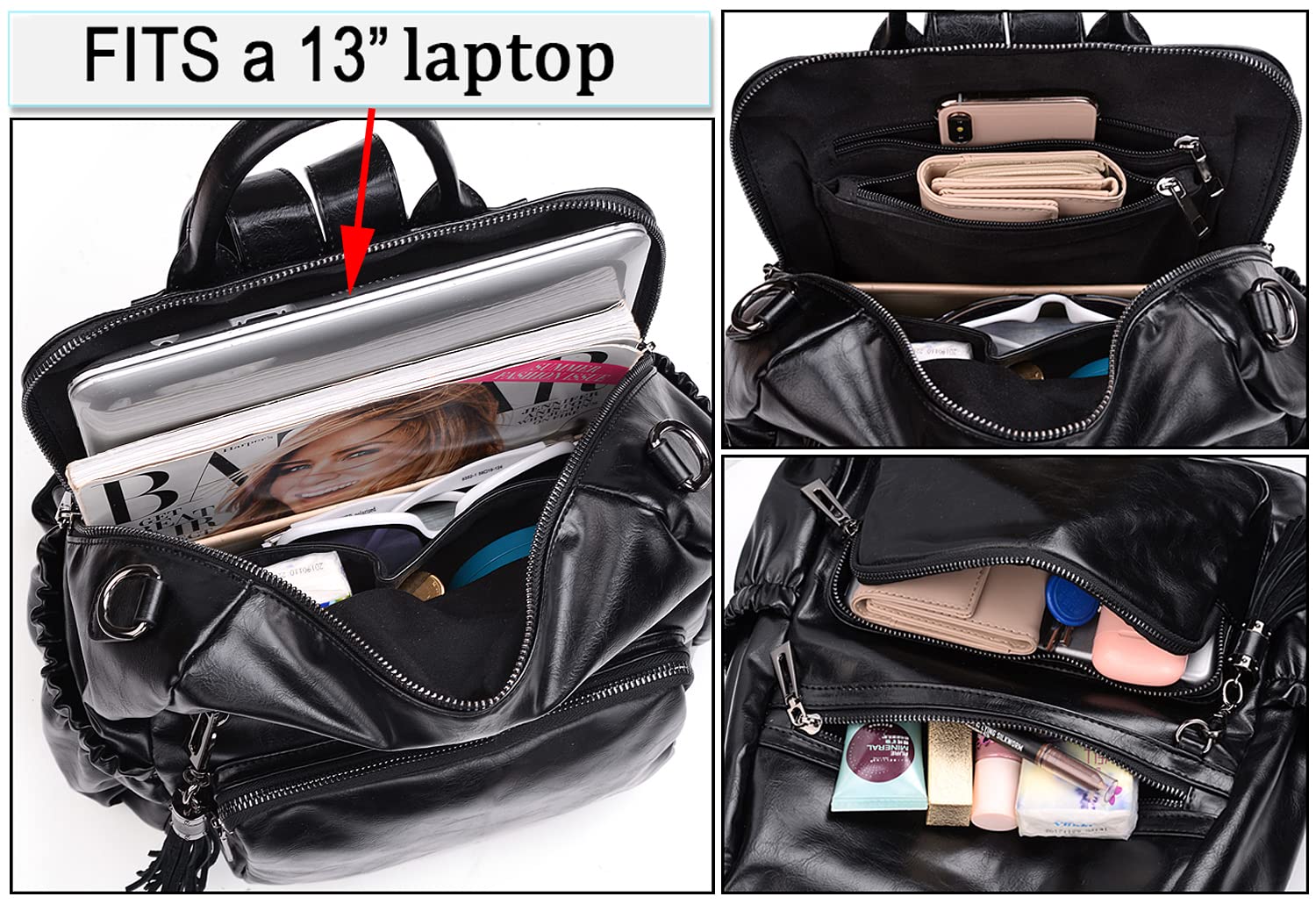 UTO Damen Rucksack PU Washed Leder Modischer Multifunktionsrucksack mit Quastendesign Lässige Schultertaschen Frauen Tasche mehres Kompartiment Schule Schulrucksack Damen-Rucksackhandtaschen - 3