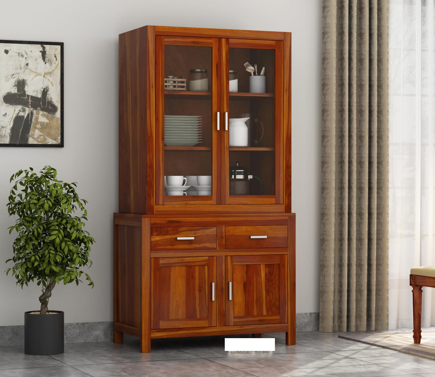 MJ FURNITURE Solid Sheesham Wood Crockery Cabinet for Kitchen & Dining Room - Exquisite Wooden Crockery Sideboard with Glass Doors Cabinet (Ferna, Honey Finish)
