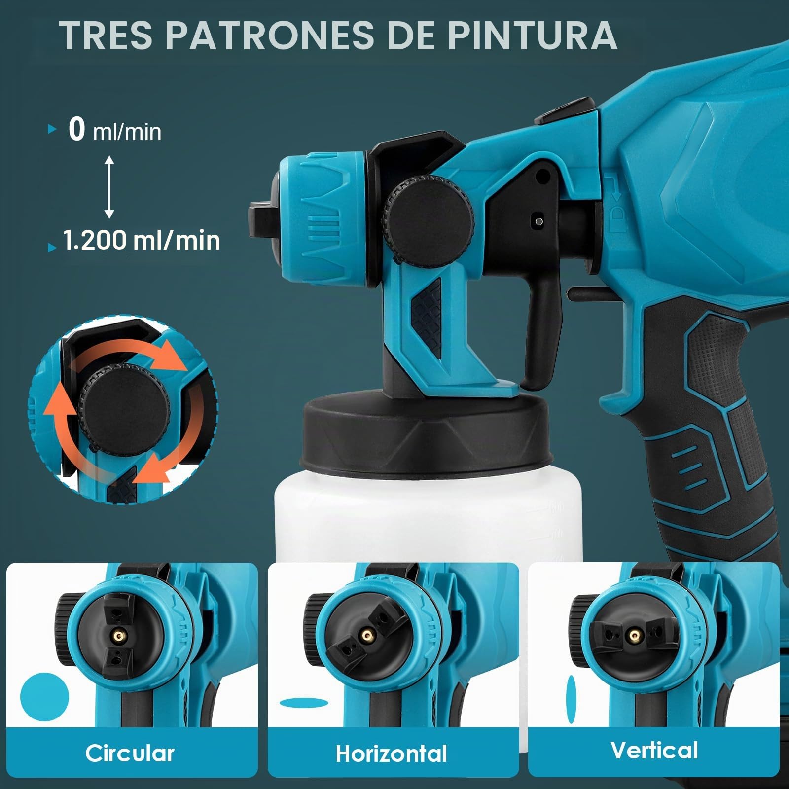 Towwoo Sistema de pulverización de Pintura 2 x 3000 mAh Batería y Cargador, 3 boquillas, Recipiente de Pintura de 800 ml, 3 Patrones de pulverización, para Paredes, Techos, Vallas
