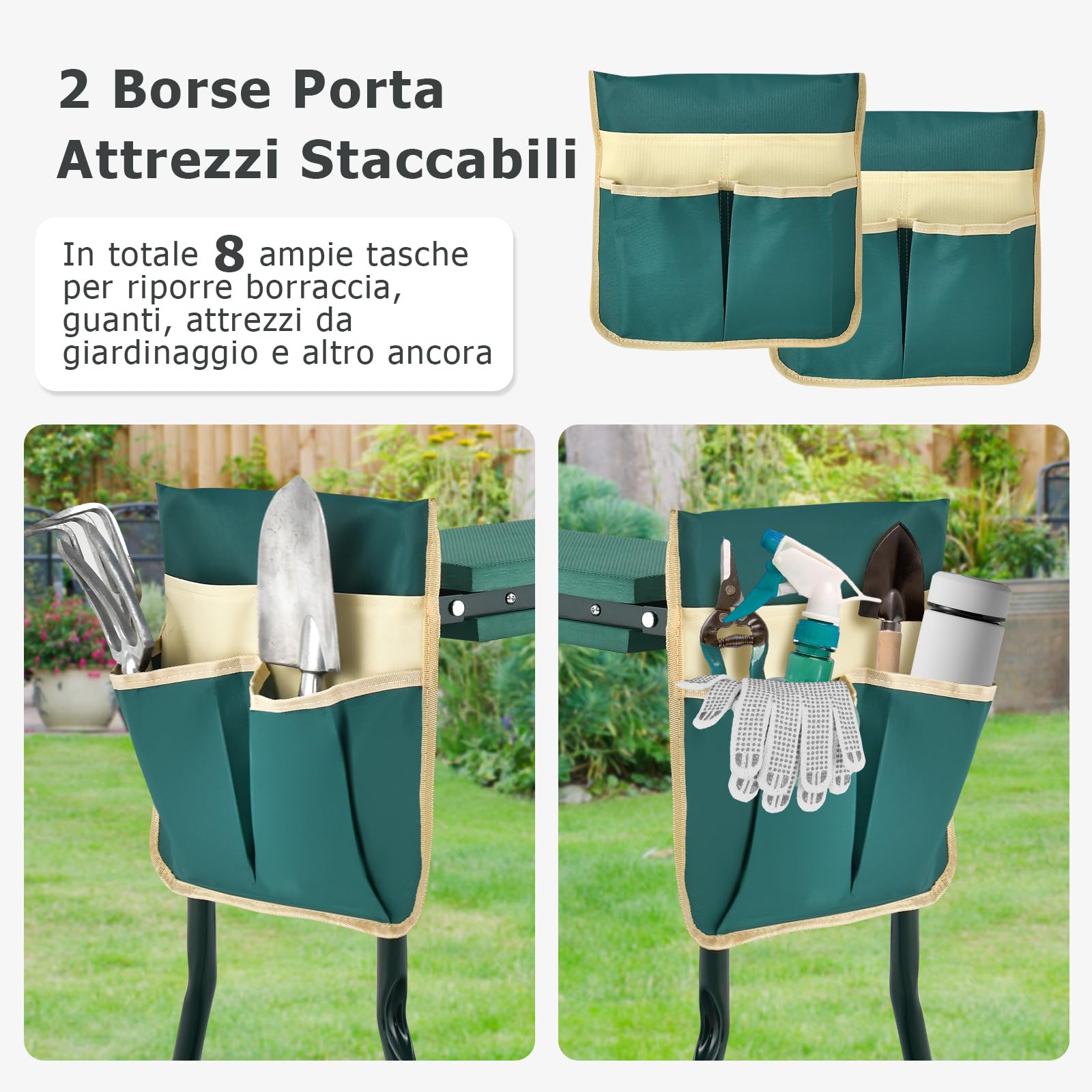 RELAX4LIFE Inginocchiatoio e Sedile da Giardino, Sedile per Giardinaggio Pieghevole e Portatile con 2 Tasche Rimovibili Sedile in Schiuma EVA e Telaio Metallico, Fino a 150KG (2 Tasche)