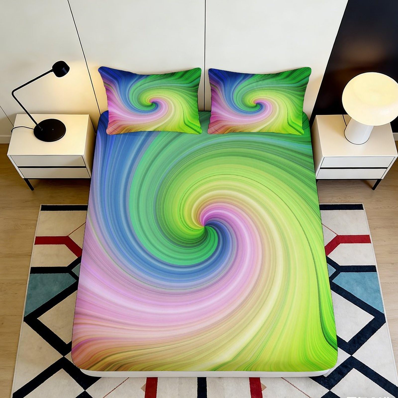 Pnayamiorkfel Style-9 3D Printed Colorful Spiral Fitted Sheet Microfiber Swirl Art Mattress Cover For Bedroom Dorm Easy Care 90X200x25cm
