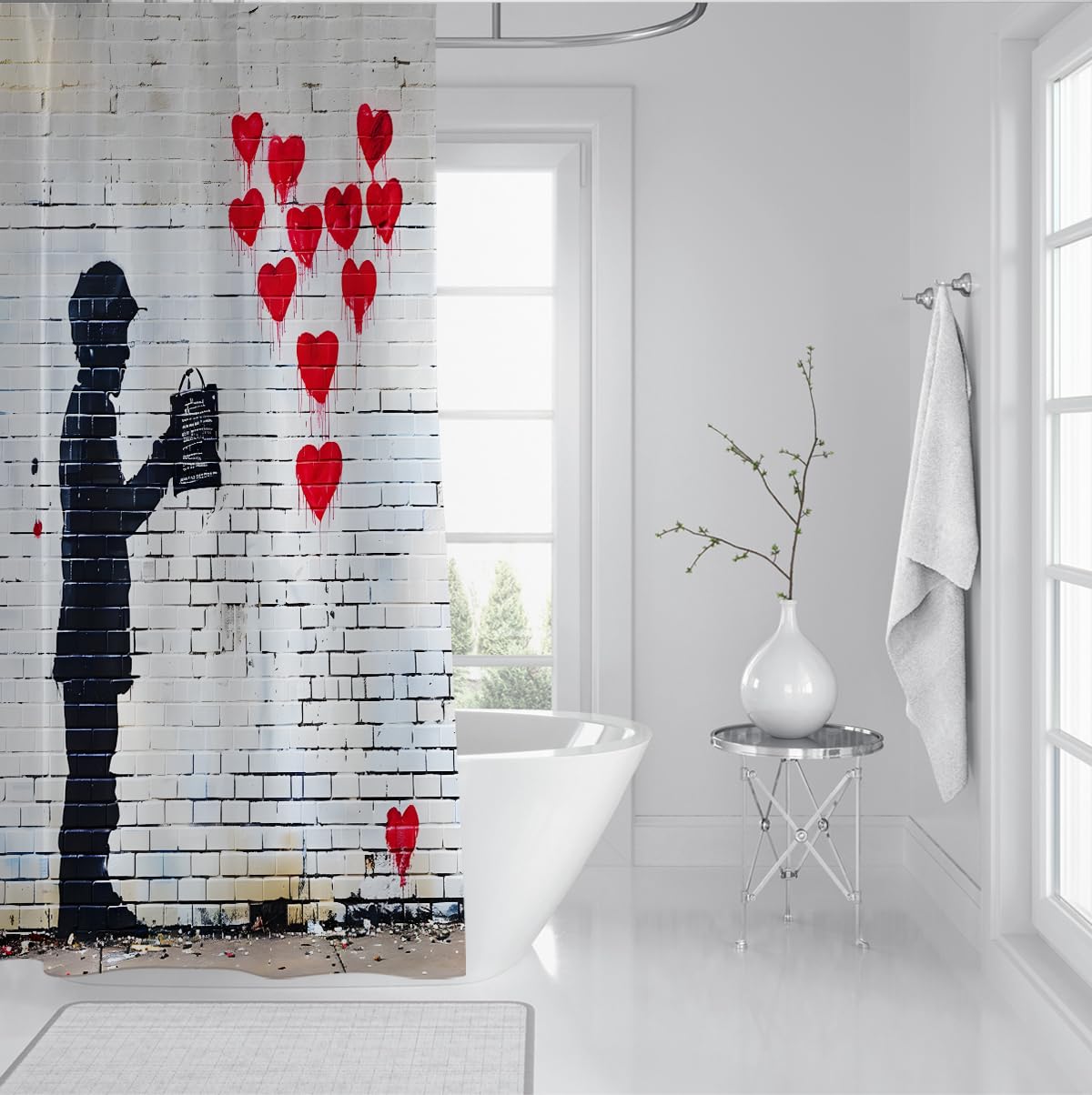 Urban Street Art zasłona do wanny sylwetka dziecka i czerwona miłość serce balony tkanina zasłona łazienkowa dekoracja z haczykami wodoodporna 150 x 200 cm