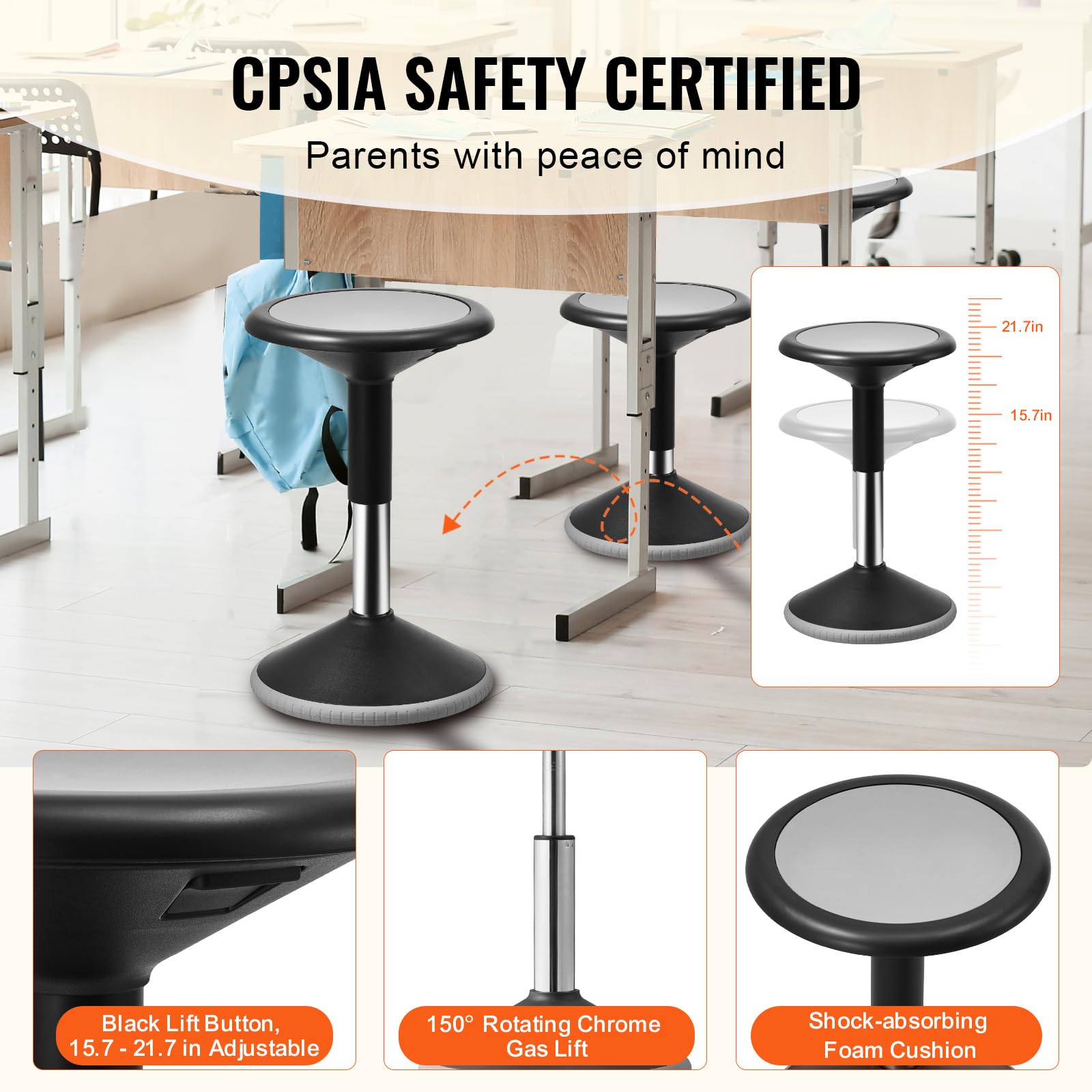 VEVOR Silla Oscilante Silla Activa de Altura Ajustable 40-55 cm, Taburete Oscilante con Asiento Flexible Hecho de PVC y ABS Ideal para Niños de 12 a 18 Años en Escuelas, Oficinas, Hogares, Negro