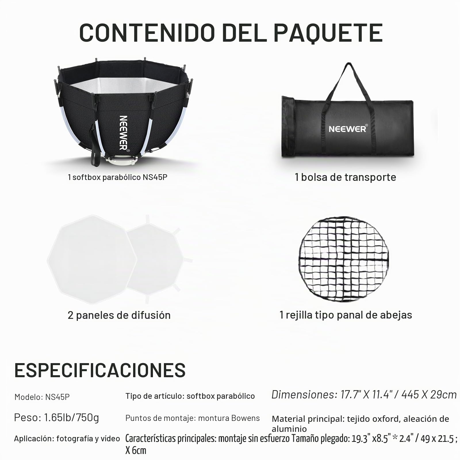 NEEWER Kit Octogonal Softbox de 17.7 Pulgadas, Caja Suave parabólica con difusores de luz para Estudio, fotografía, grabación de Video, iluminación de transmisión, Compatible con Aputure 120d